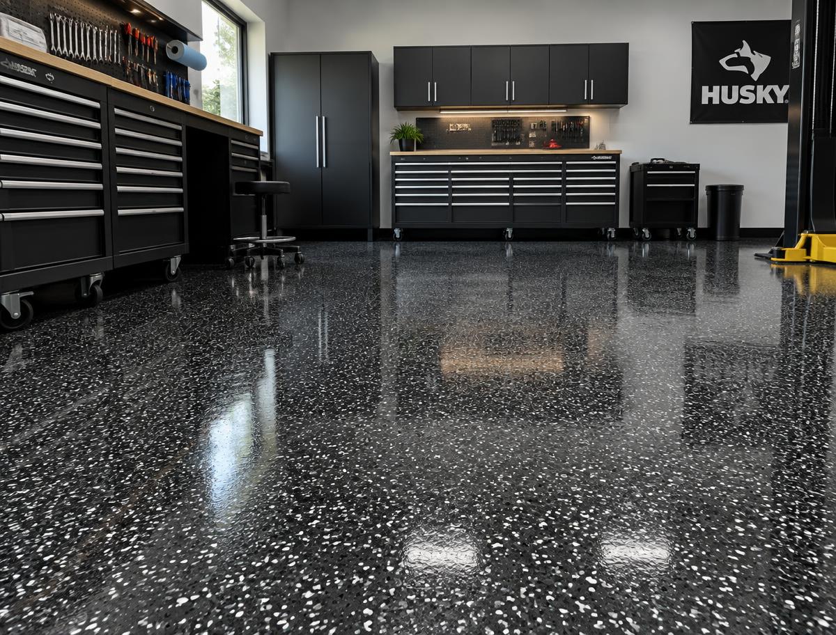 Black and white flake workshop floor