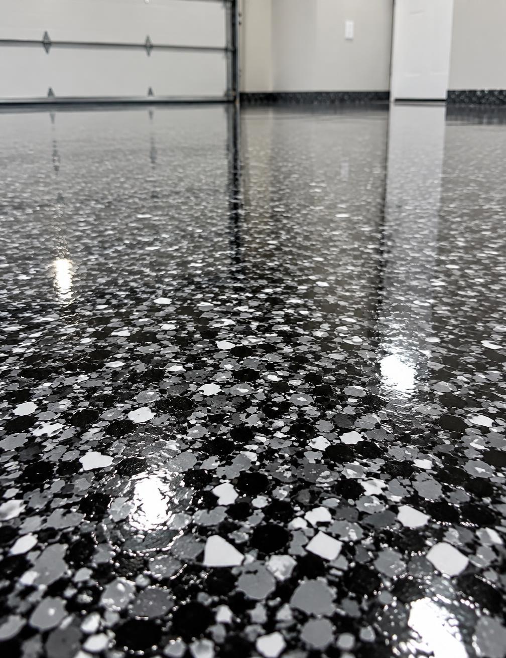 Tuxedo flake floor with glossy finish