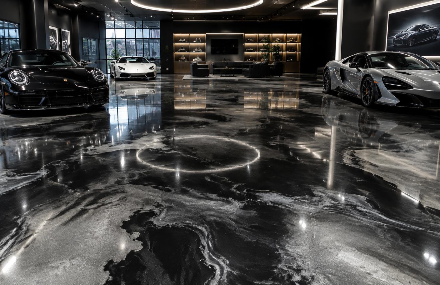 Black and silver marble metallic epoxy showroom