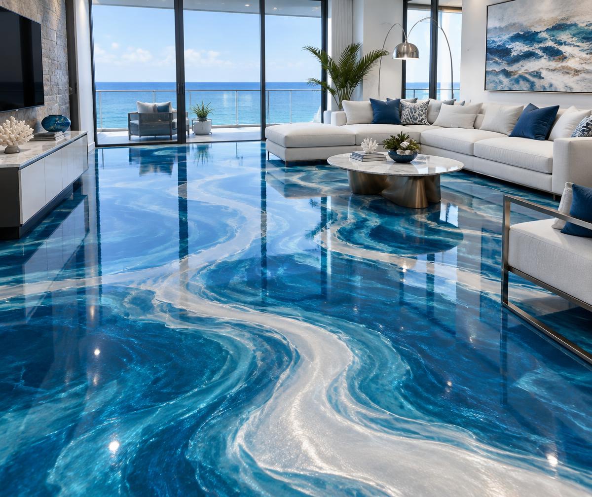 Blue and pearl metallic epoxy living room