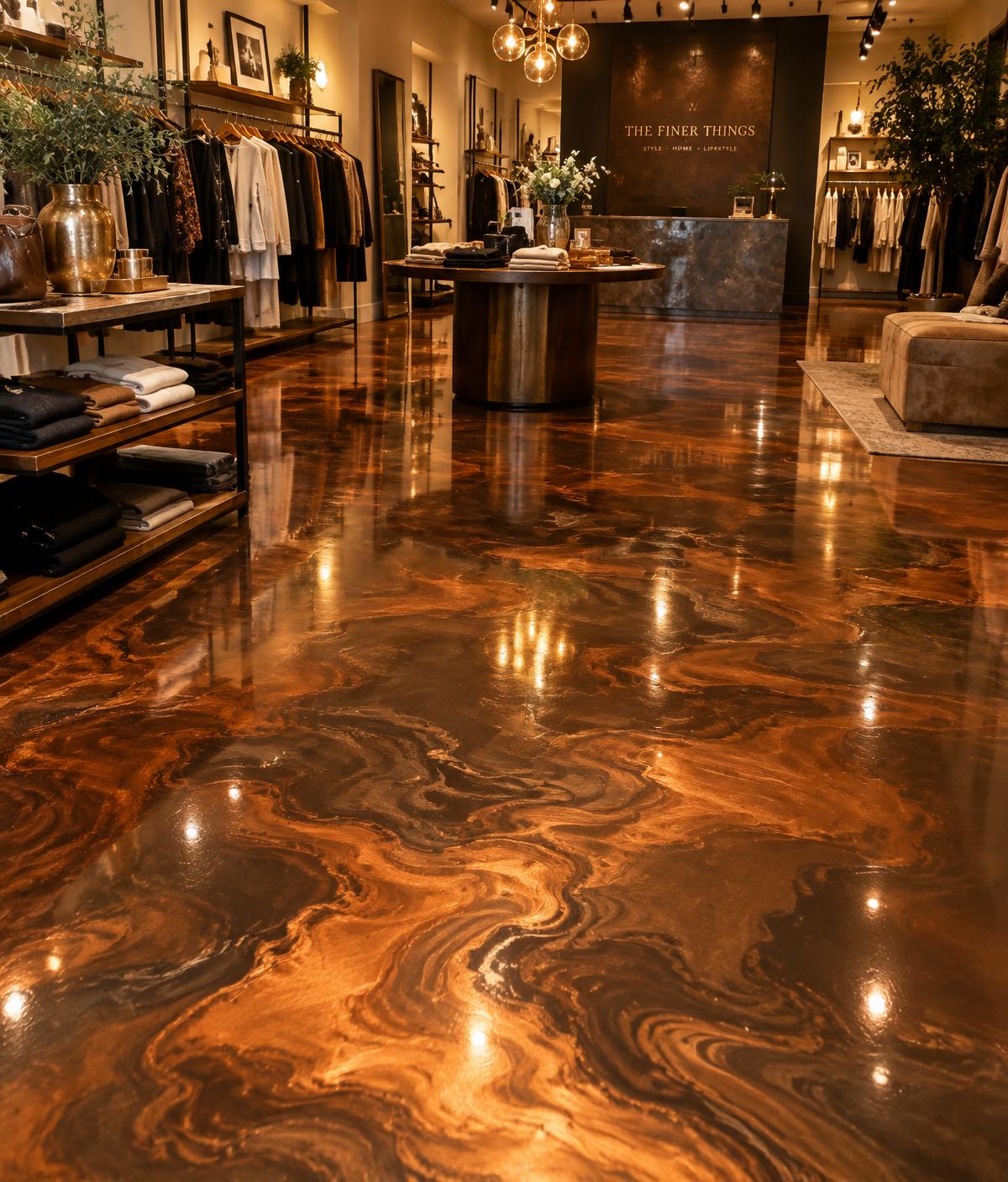 Copper and bronze metallic epoxy boutique floor