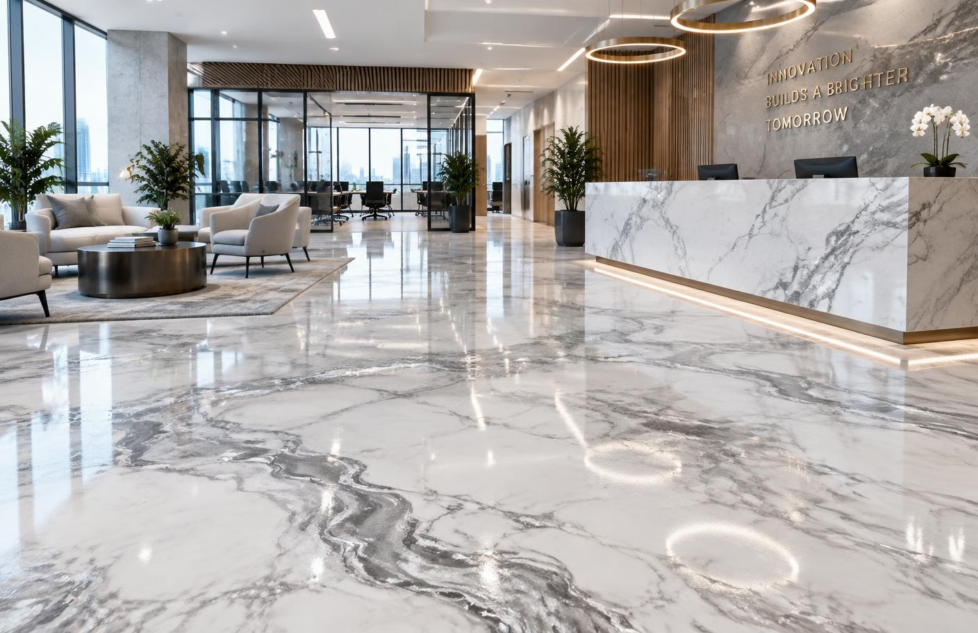 Stone-inspired white marble metallic epoxy lobby