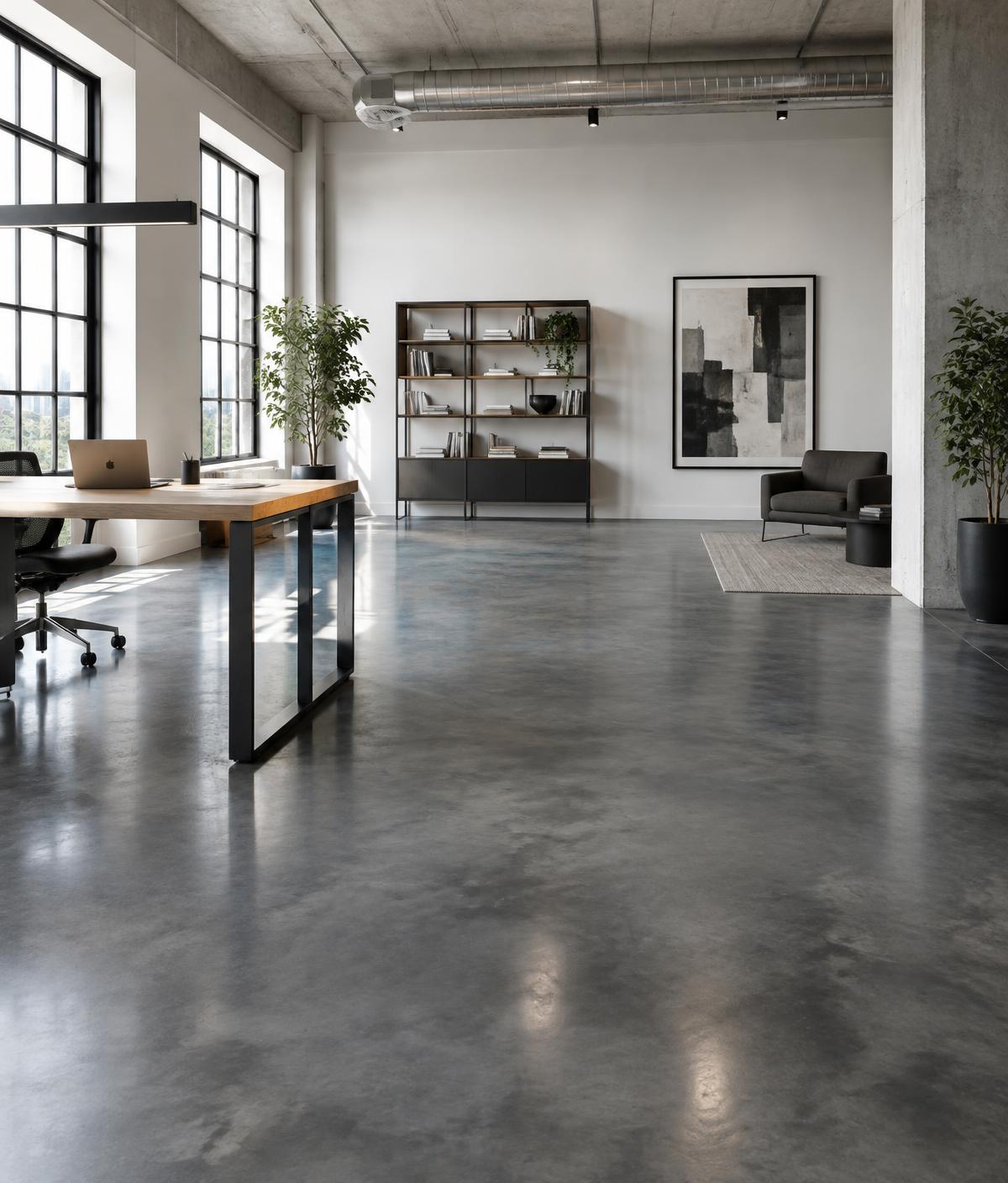 Charcoal gray stained concrete loft office
