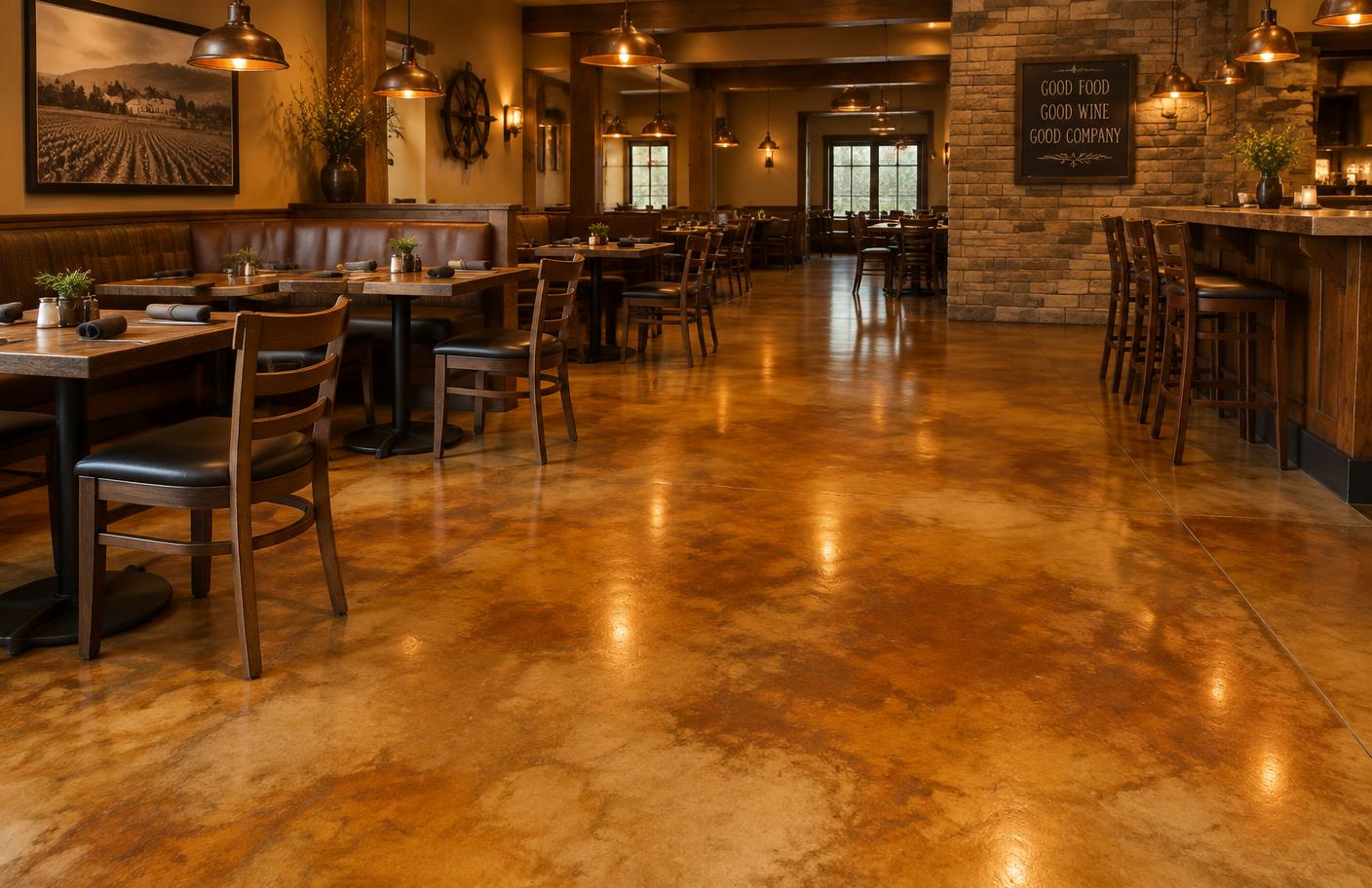 Rustic amber stained concrete restaurant floor