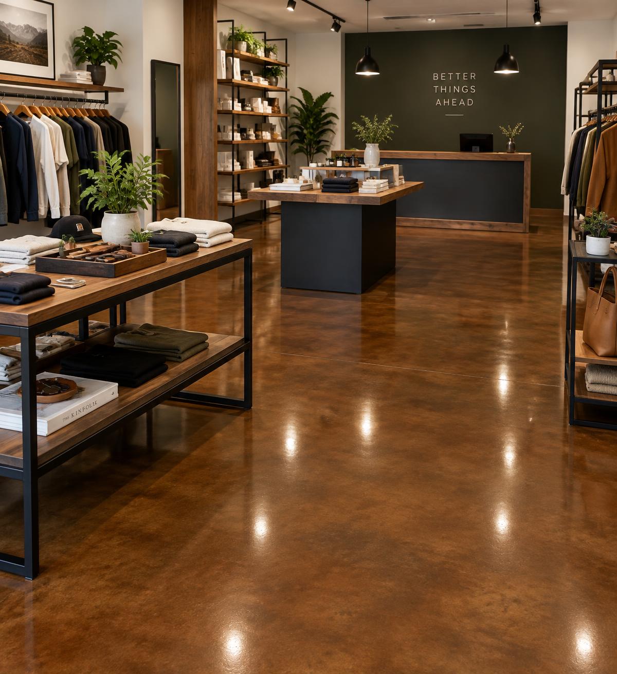 Walnut stained concrete retail floor