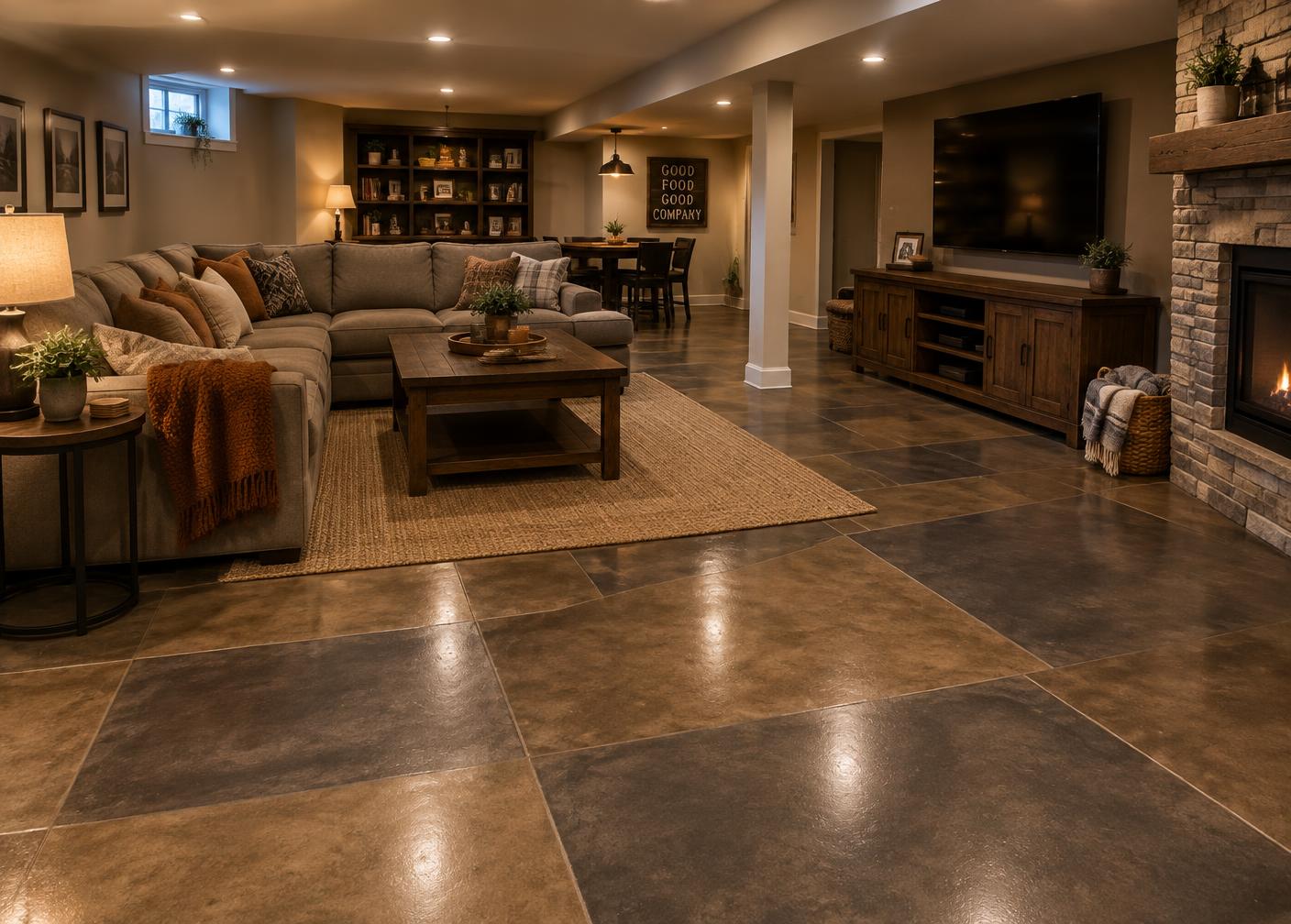 Tile-pattern stained concrete basement
